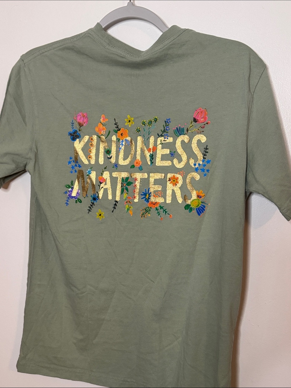 NATURAL LIFE Olive Green "Kindness Matters" Tee with Floral Gold Graphic